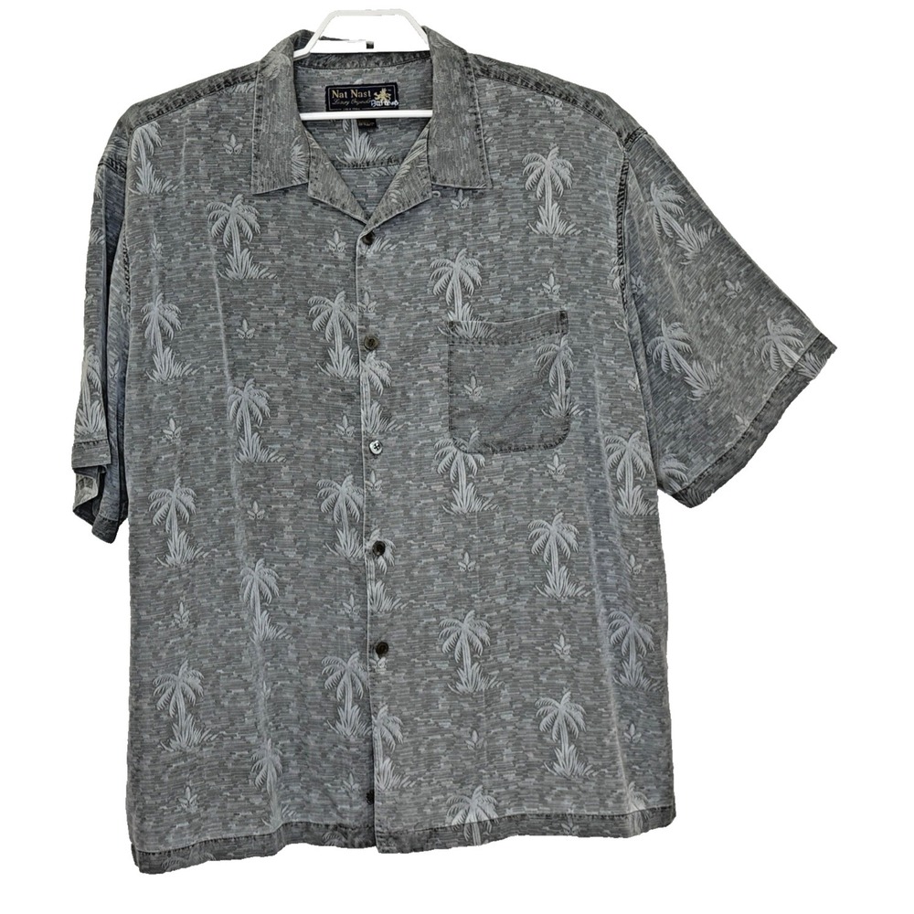 Nat Nast Hawaiian Shirt Mens Sz XXL Gray Tropical Short Sleeve Button Front Silk